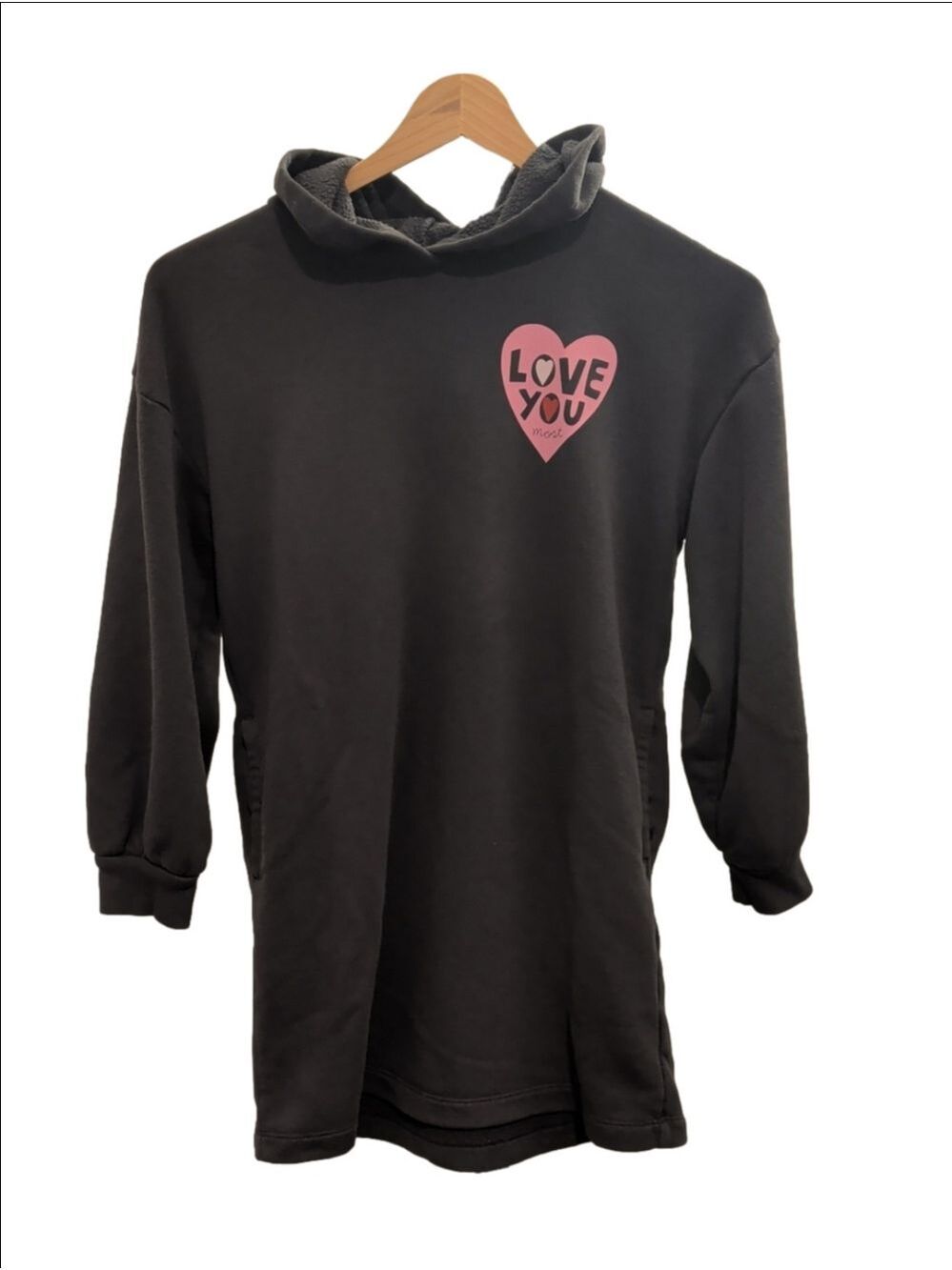 Old Navy Girls L 10-12 Charcoal Grey Fleece Hooded Sweatshirt Dress Heart